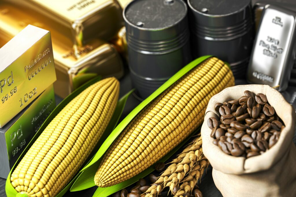 Commodities. Crude oil, gold, silver, palladium, wheat corn and coffee beans.